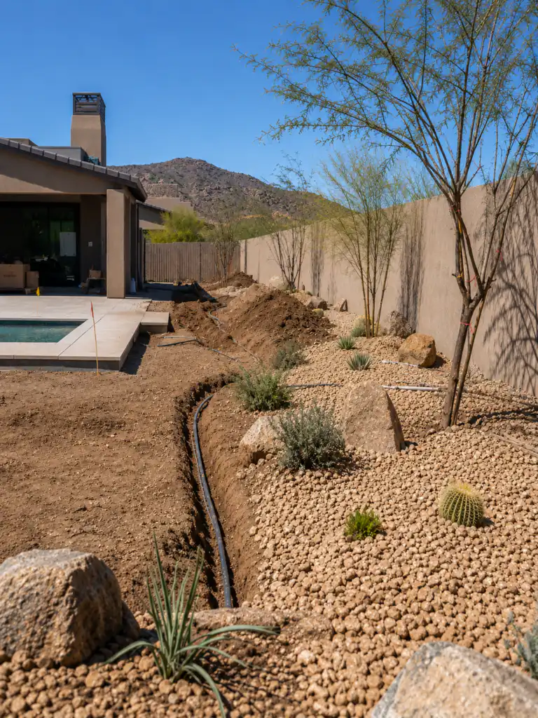 Residential backyard landscape remodel in Phoenix, AZ, featuring a trench with irrigation lines, desert landscaping, young trees, and boulders near a swimming pool.