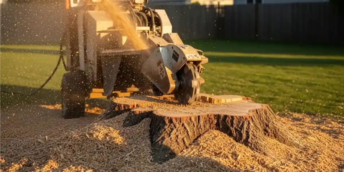 Professional stump grinder removing a large tree stump from a residential landscape during property maintenance | How Long Does It Take to Grind a Tree Stump?