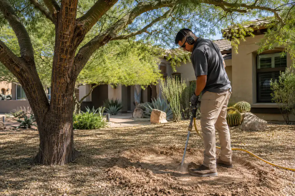 Design Tree Maintenance technician applying deep-root soil treatment around a mature tree using a specialized injection tool.
