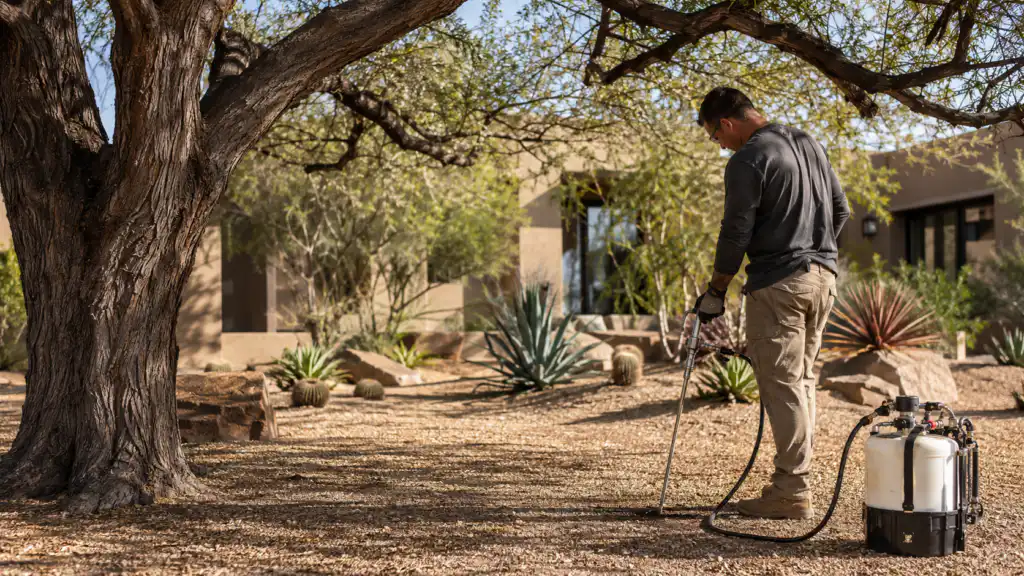 Technician applying targeted soil treatment around a mature tree in a desert landscape in Phoenix, AZ.